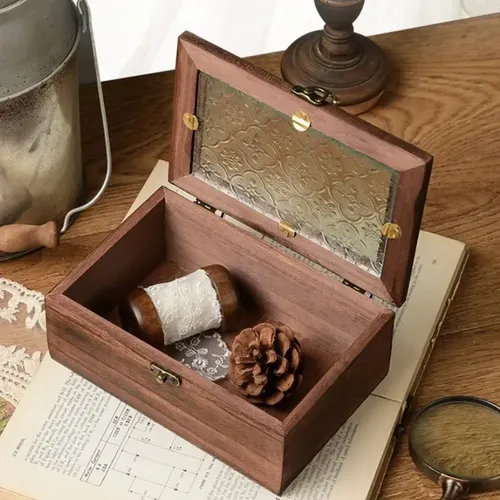 Caja De Almacenamiento De Vidrio Vintage, Gabinete De Madera