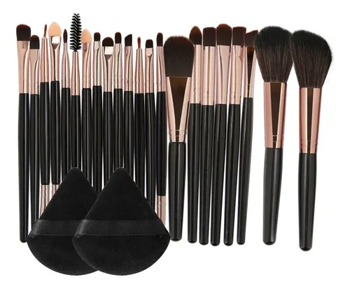 Set 24 Pinceles De Maquillaje Con Esponjas Aplicadoras Negro