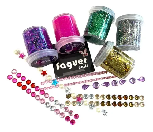Kit Maquillaje Faguer Nails Party Box Glitter Gel + Strass Autoadhesivo