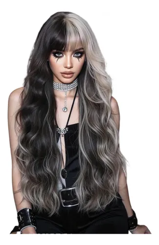 Peluca Halloween Mujer Ondulada Negrogris Con Flequillo Black And Gray