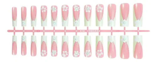 Dos Cajas De Uñas Postizas De Flores Verdes Hechas A Mano