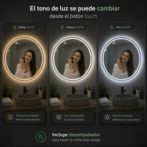 Espejo Led 70 Touch Redondo Esmerilado Desempañante Baños