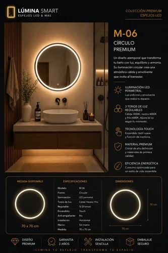 Espejo Digital Led Redondo 70×70 Circular Sin Marco