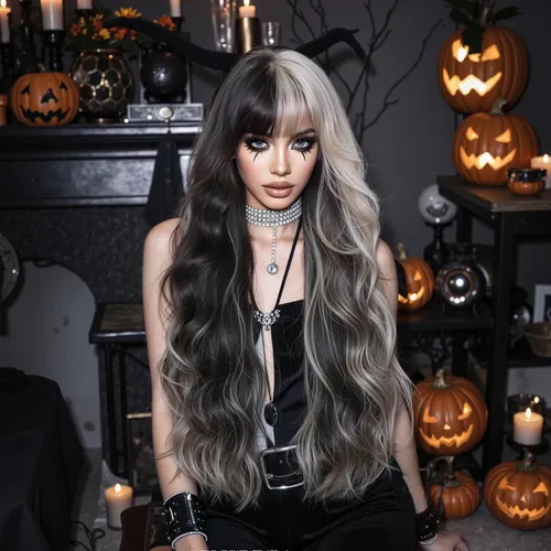 Peluca Halloween Mujer Ondulada Negrogris Con Flequillo Black And Gray