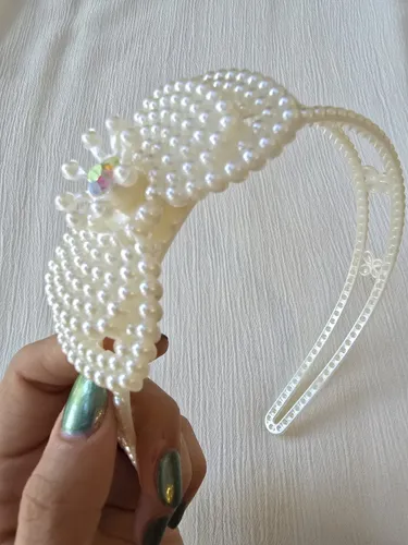 Vincha Pelo Fiesta Novia Tiara Perlas Strass Dorado Plateado Color Perlas Moño