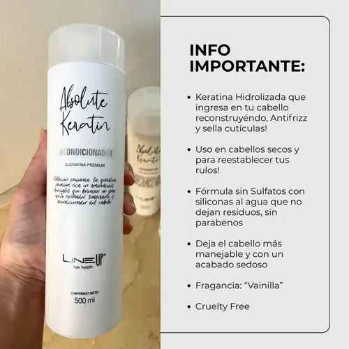 Tratamiento Acondicionador Hidra Hidrolized Absolute Keratine Cabellos Secos Keratina Hidrolizada penetra en tu fibra capilar sellando Cutículas Hidrata AntiFrizz Producto Profesional 500Mls LineUp