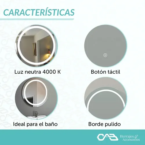 Espejo Redondo Con Luz Led 60 Cm Boton Tactil Touch Baño
