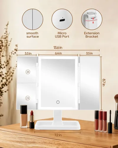 Espejo De Maquillaje Con Luz Led Trifold 3 Colores 30.5cm