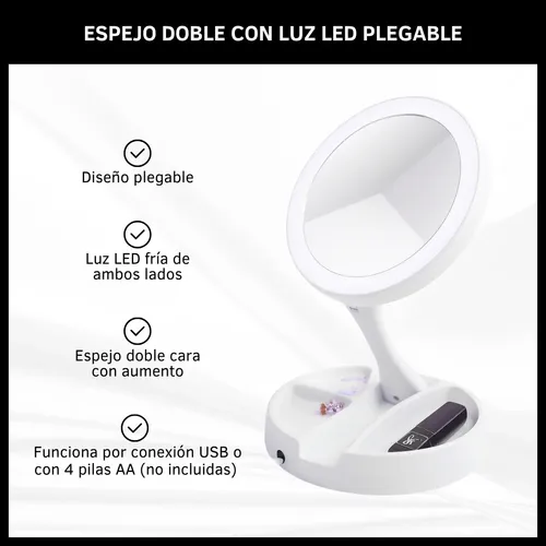 Espejo Maquillaje Dinax 10x Led Fría Plegable Usb Pilas Redondo 12.5cm