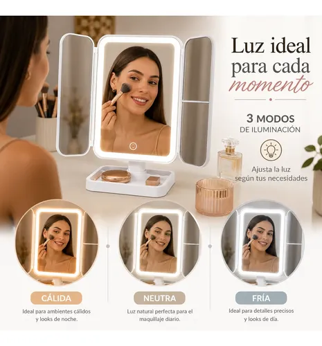 Espejo Maquillaje Tactil Luz Led Portatil Recargable 3 Modos