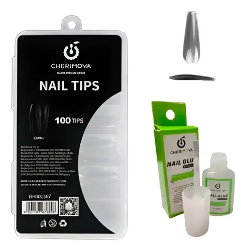 Kit Cherimoya Tips Profesional Coffin 100un Uñas + Pegamento