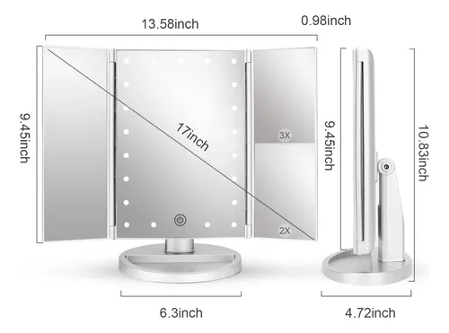 Espejo Para Maquillaje Triptico Con Aumento Y Luz Led Plata