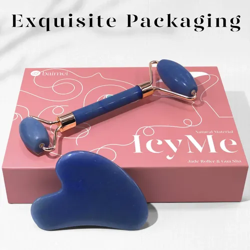 Set Masajeador Facial Baimei Rodillo Y Gua Sha Azul