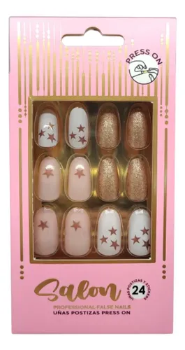 Uñas Postizas Press On Salon Thelma Y Louise 24u Color Star Gold French