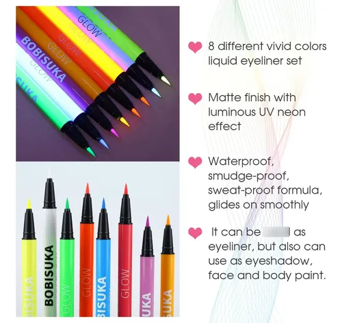 Juego De Delineador Líquido Neón Uv 8 Colores Impermeables