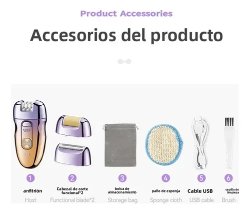 Depiladora Eléctrica Kemei 4 En 1 Led Recargable Usb