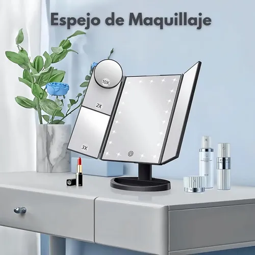 Espejo Tríptico LED para Maquillaje Norcel, Portátil con Aumentos y Luz Regulable Táctil
