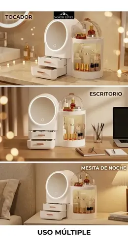 Organizador De Maquillaje NORTH LEVEL Con Espejo Y Luz LED Para Tocador