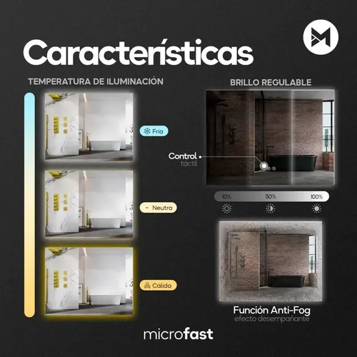 Espejo Rectangular de Baño con Luz LED Táctil y Antiempañante, 80x60cm