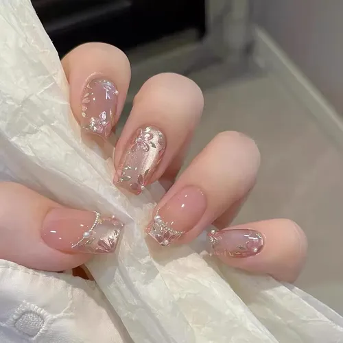 [glors] Uñas Postizas Press On Nude Rosa Con Foil Oro Rosa