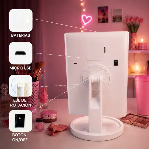 Espejo Led Makeup Tiktok Táctil 180° Luz Pro Blanco