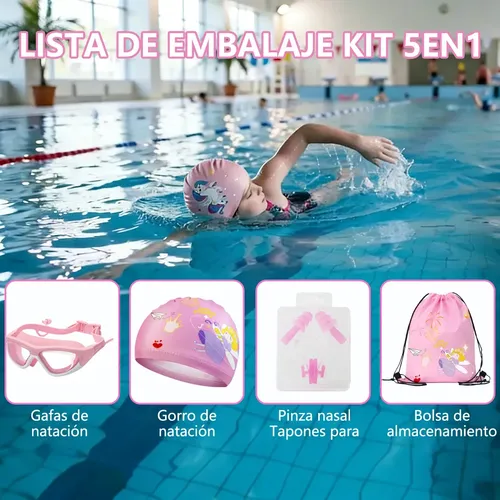 Kit 5en1 Googles Natacion Y Gorro De Baño Para Niños Y Niñas