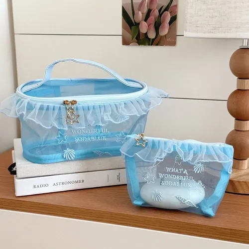 Neceser De Malla Azul Con Bordado Para Maquillaje