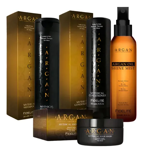 Kit Fidelite Myth Argan Shampoo + Acond + Brillo + Mascara