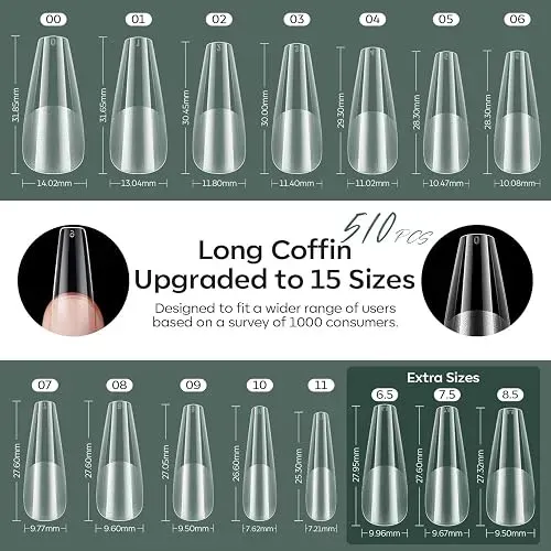 Modelones Kit Uñas Gel Puntas Coffin Largas Pegamento 9 En 1
