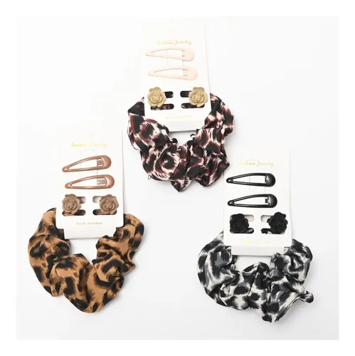 Set Scunzy, Broches Y Tik Tak Animal Print Para Mujer