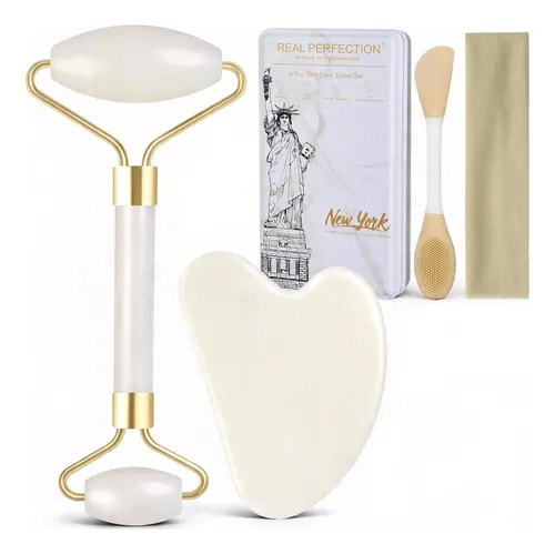 Set Masajeador Facial Gua Sha Rodillo Jade 4 Piezas Blanco