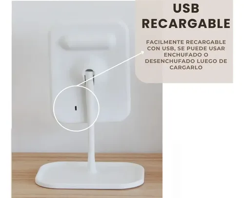 Espejo Maquillaje Rectangular Luz LED Táctil Plegable USB Blanco Kandel