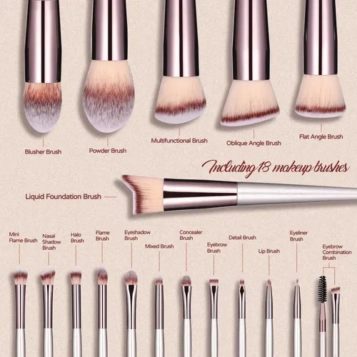 Set De 18 Pinceles Y Brochas Maquillaje Profesional Estuche Champagne