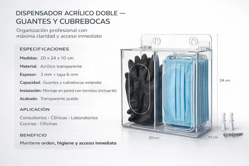 A Dispensador Acrílico Doble Guantes Cofias Cubrebocas For