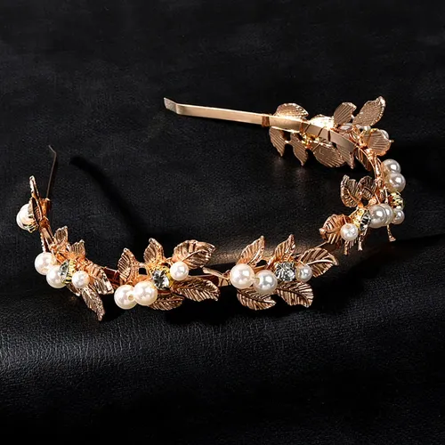 Diadema De Perlas Con Hojas Y Cristales Para Novia Rose Gold With White Pearls