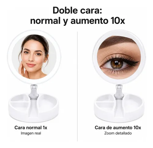 Espejo De Aumento Led Plegable Con Luz Y Organizador