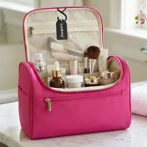 Porta Cosmeticos De Viaje Rosa Lookmy | Bolso Neceser Con Percha De Colgar | Organizador De Maquillaje Y Cosméticos |