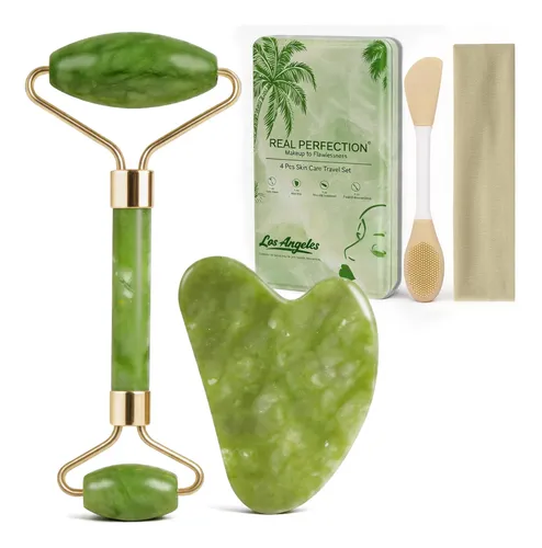 Set Masajeador Facial Real Perfection Rodillo Gua Sha Verde