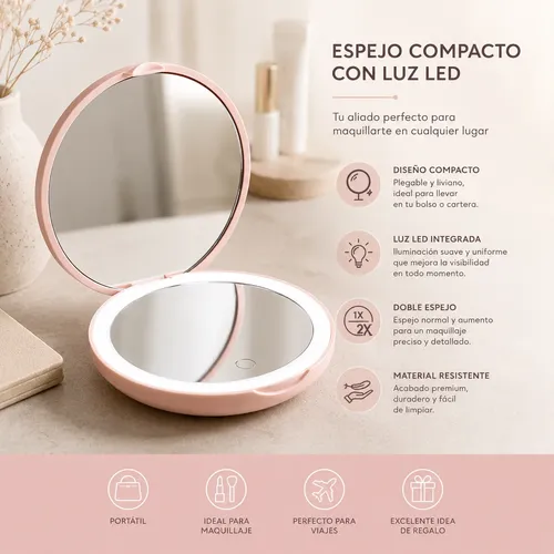 Espejo De Maquillaje Compacto Usb Con Luz Aumento X2