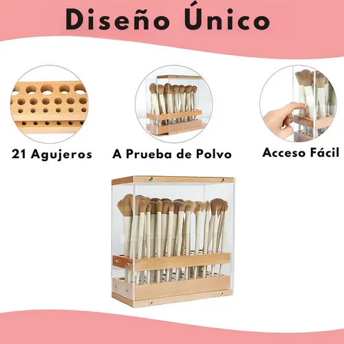 Porta Brochas Y Pinceles Norcel, Organizador De Maquillaje Cerrado De Madera Y Acrilico