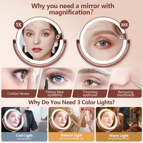 Espejo De Maquillaje Con Luz Led 30x Ajustable Rose