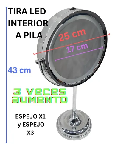 Espejo Doble 22cm Diametro Luz Led y Aumento X3 c/ Base Hecha en Metal Cromado Super resistente + Leds integrados a pila para suavisar sombras al ver de muy cerca mejorando experiencia de Uso – Oferta