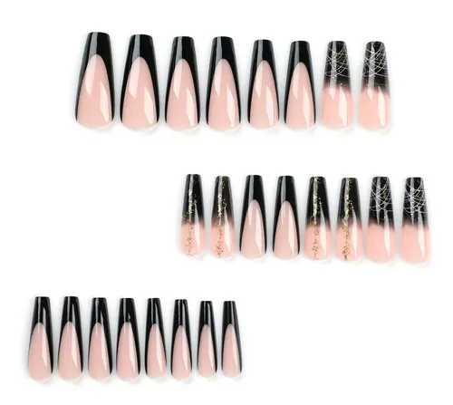 Xw. Aflorish- Unhas Francesa Nude Borda Preta Brillo Dorado