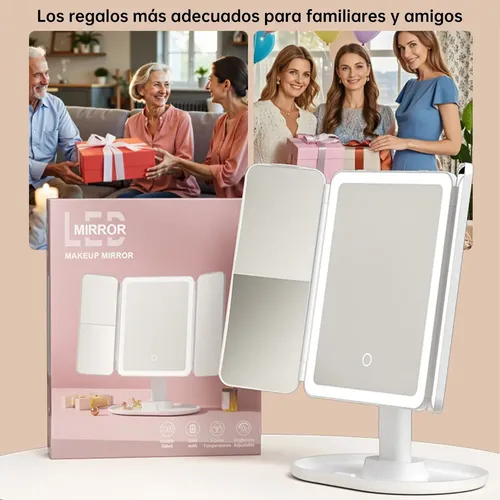 Espejo De Maquillaje Led Con 3 Espejos Plegables Y Luz C