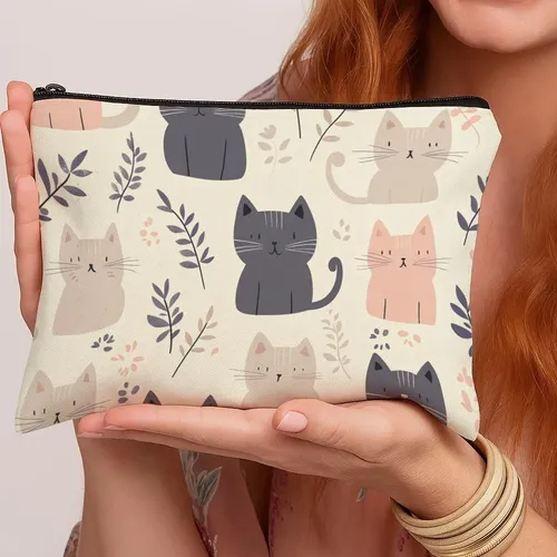 Bolsa De Cosméticos De Viaje Daily Cat Beige Y Púrpura Ab157