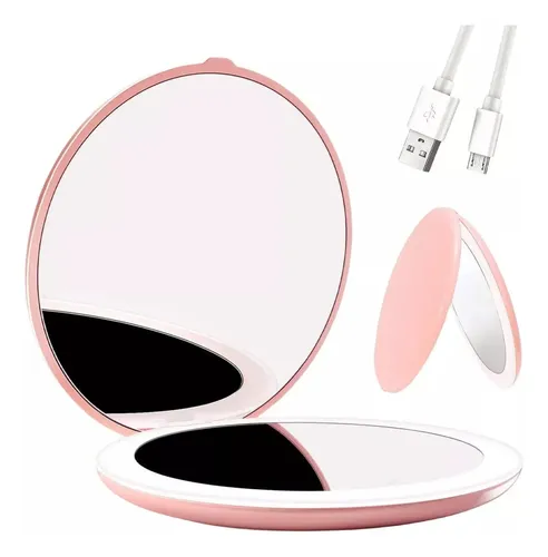 Espejo De Maquillaje Led Portátil Recargable Rosa Para