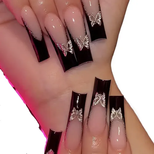Uñas Postizas De Diamante Con Pegatina De Mariposa Con