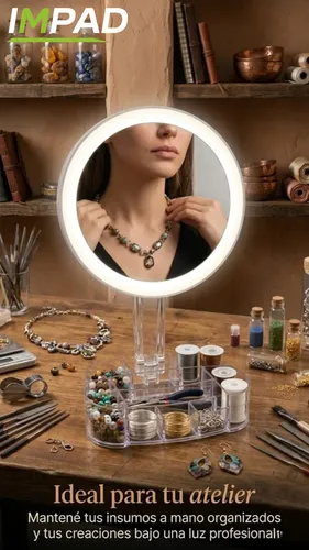 Espejo Redondo Maquillaje Led Táctil Con Organizador Impad