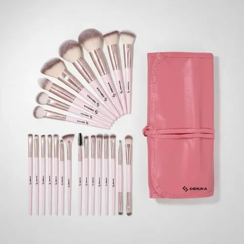 Set X24 Brochas Pinceles Maquillaje Profesional Con Estuche Rosa Dehuka