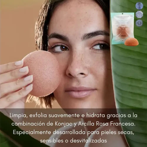 Esponja Facial Konjac Arcilla Rosa Francesa Piel Seca Korea